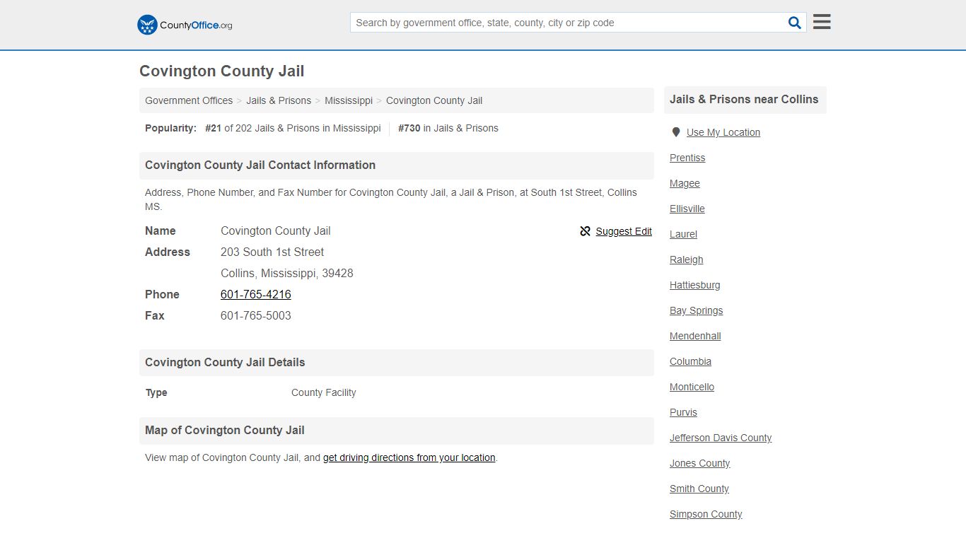 Covington County Jail - Collins, MS (Address, Phone, and Fax)